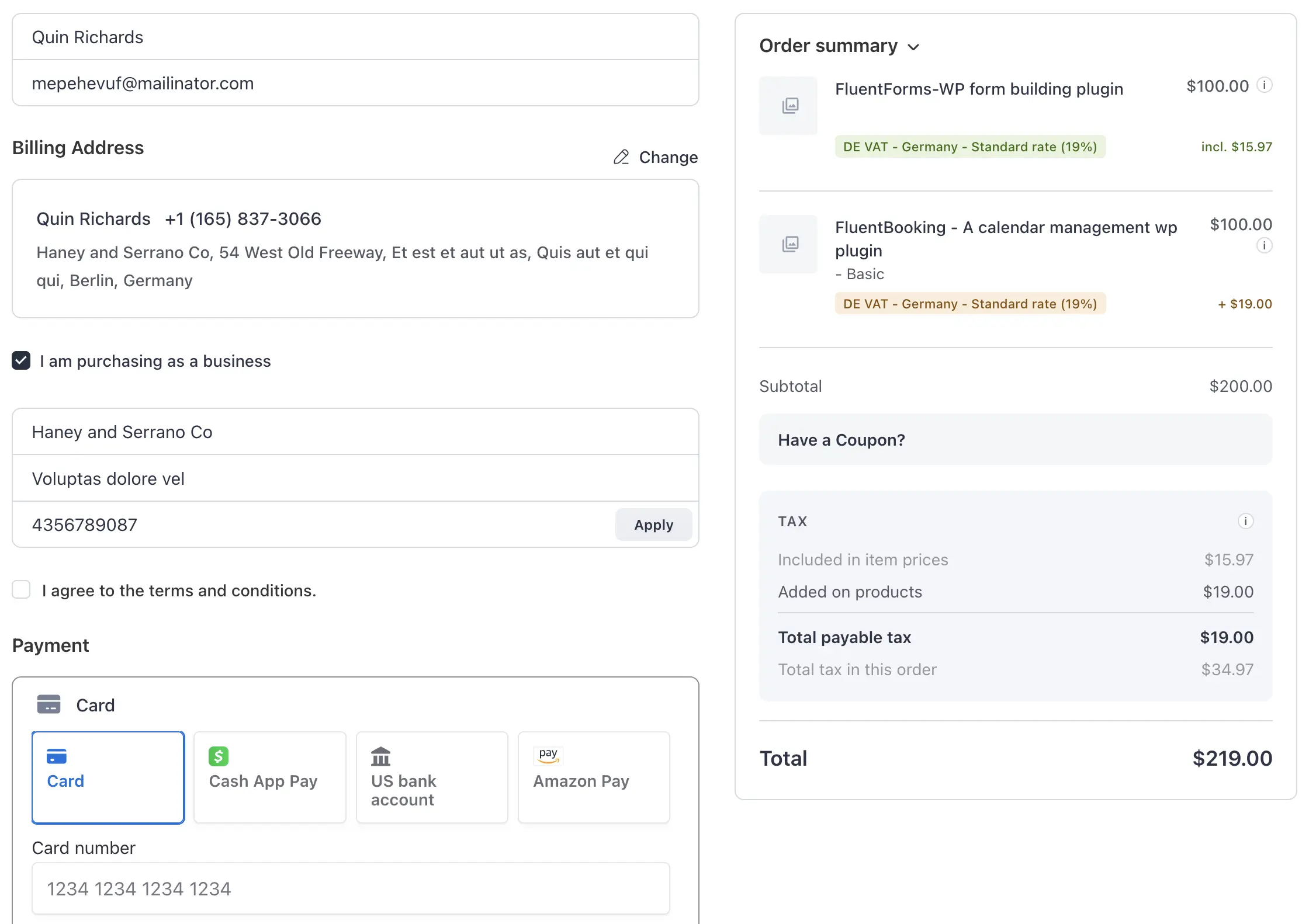 FluentCart checkout showing per-item tax rate breakdown with individual tax amounts, rates, and totals for each product