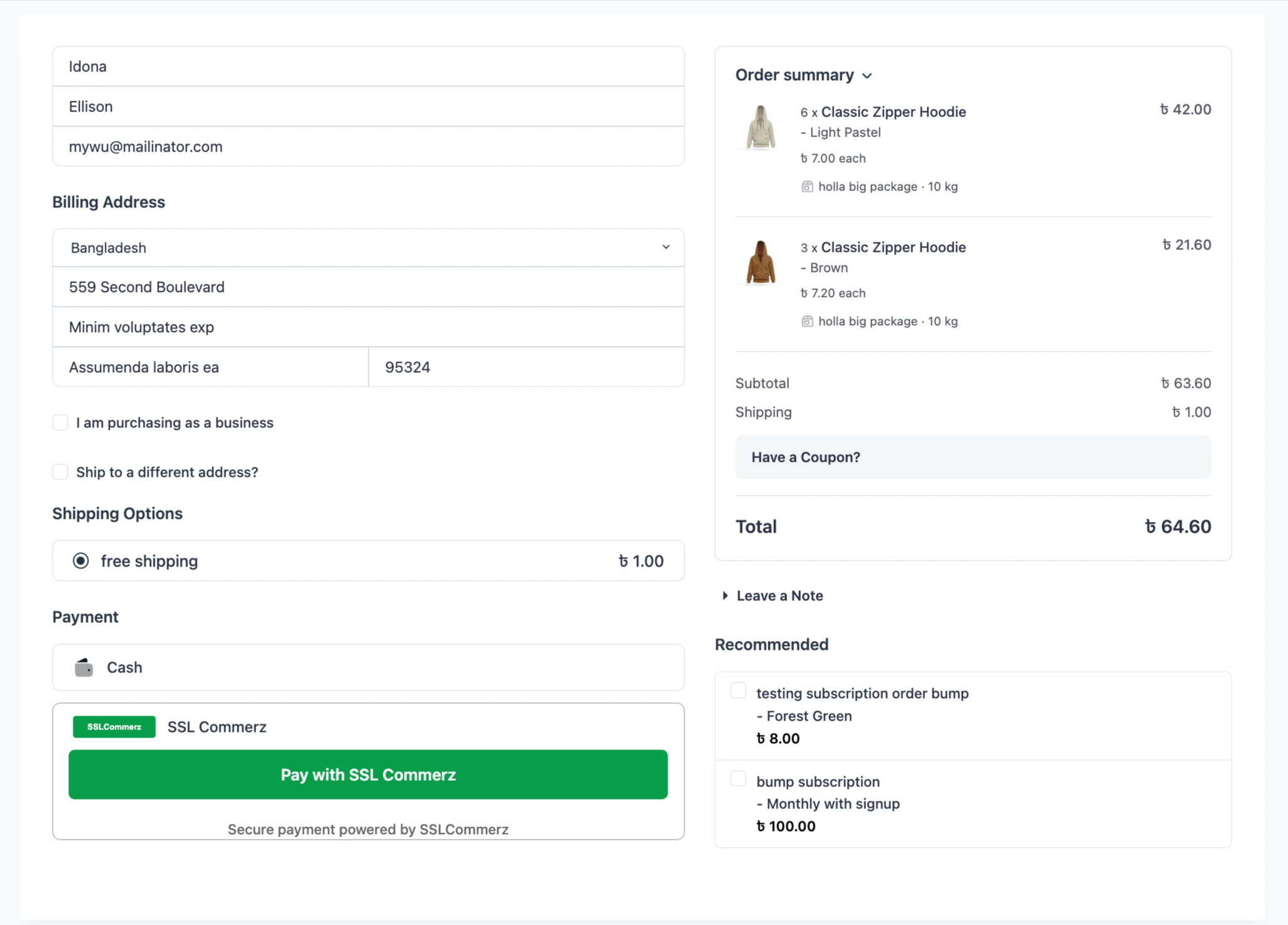 FluentCart checkout with SSLCommerz selected, paying in Bangladeshi Taka