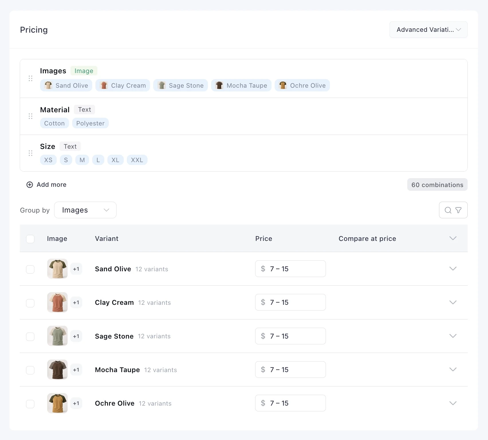 Advanced Variations pricing builder generating 60 combinations from Images, Material, and Size option sets