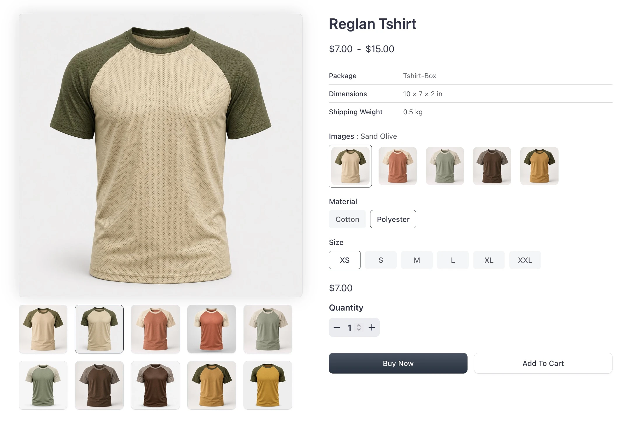 Storefront with the Polyester material selected, swapping the product image and price