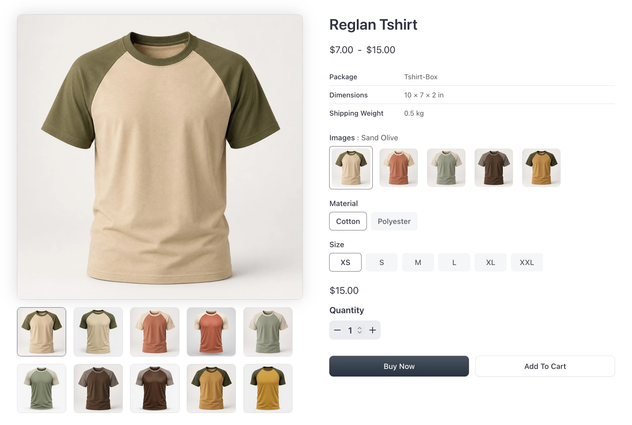 Storefront product page with color swatches, material, and size selectors for a variable t-shirt
