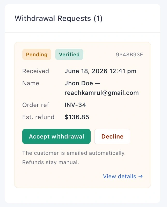 Withdrawal request widget on a single order