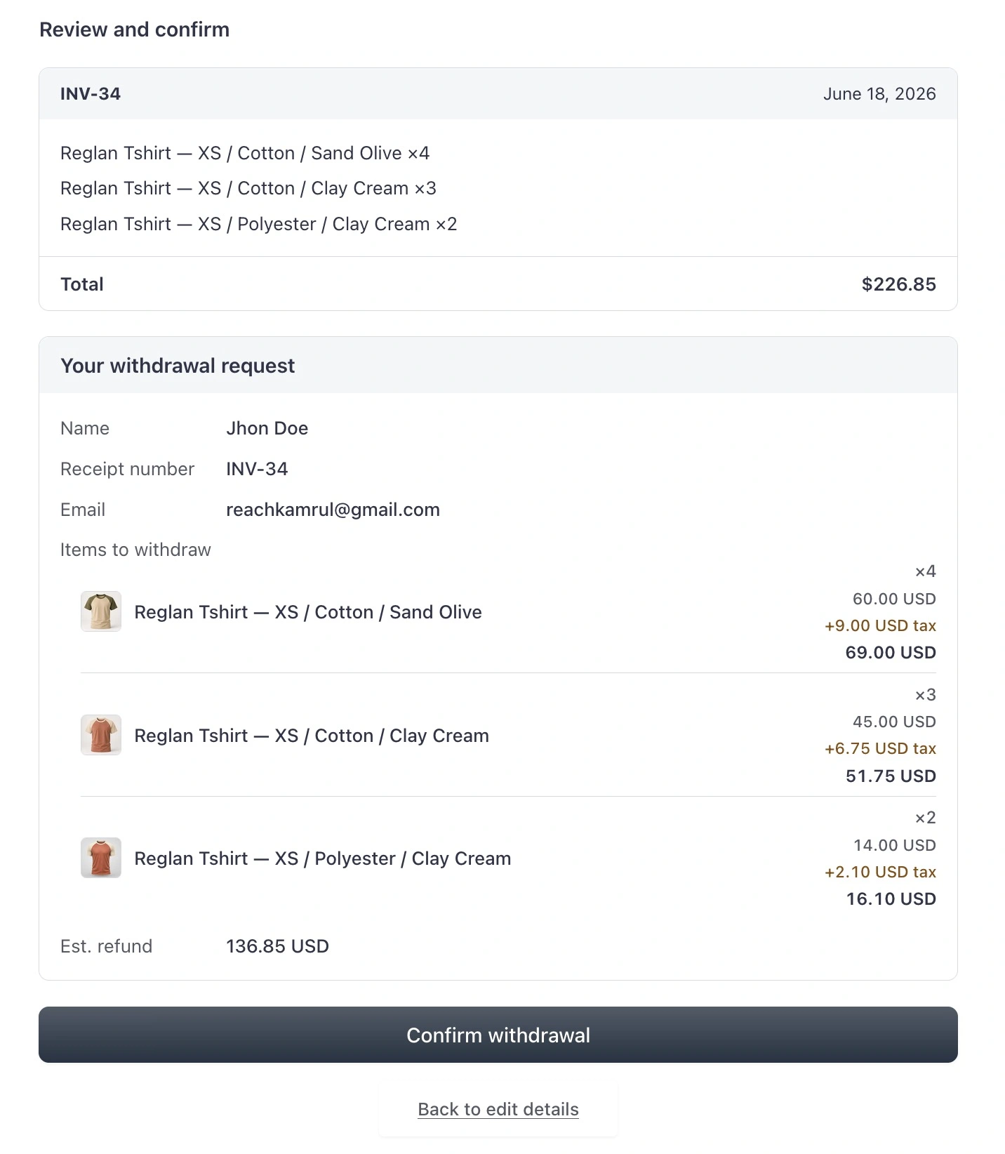 Review and confirm step with estimated refund