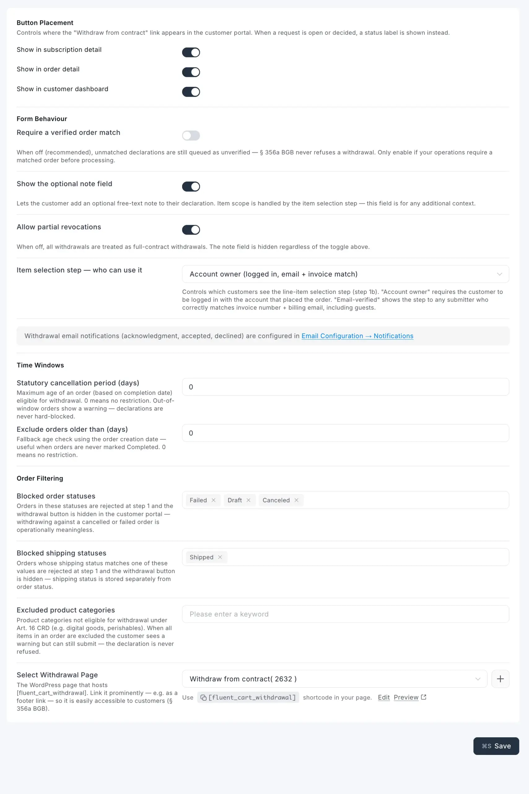 FluentCart customer rights Withdrawal (EU) settings page