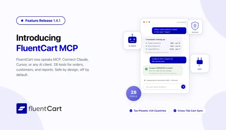 FluentCart 1.4.1 release banner introducing the MCP server that connects AI agents like Claude and Cursor to your store