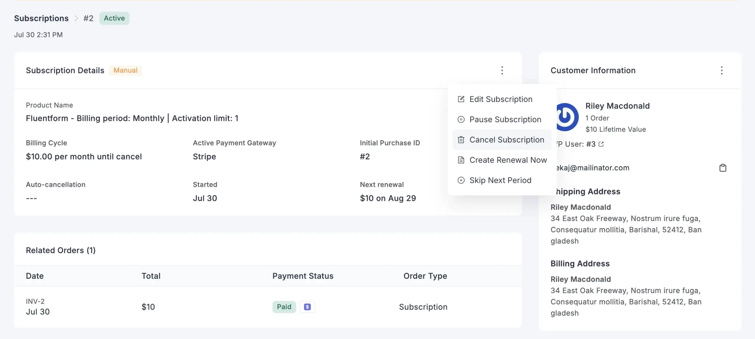 Subscription lifecycle controls in FluentCart with pause, skip, and reschedule options on WordPress