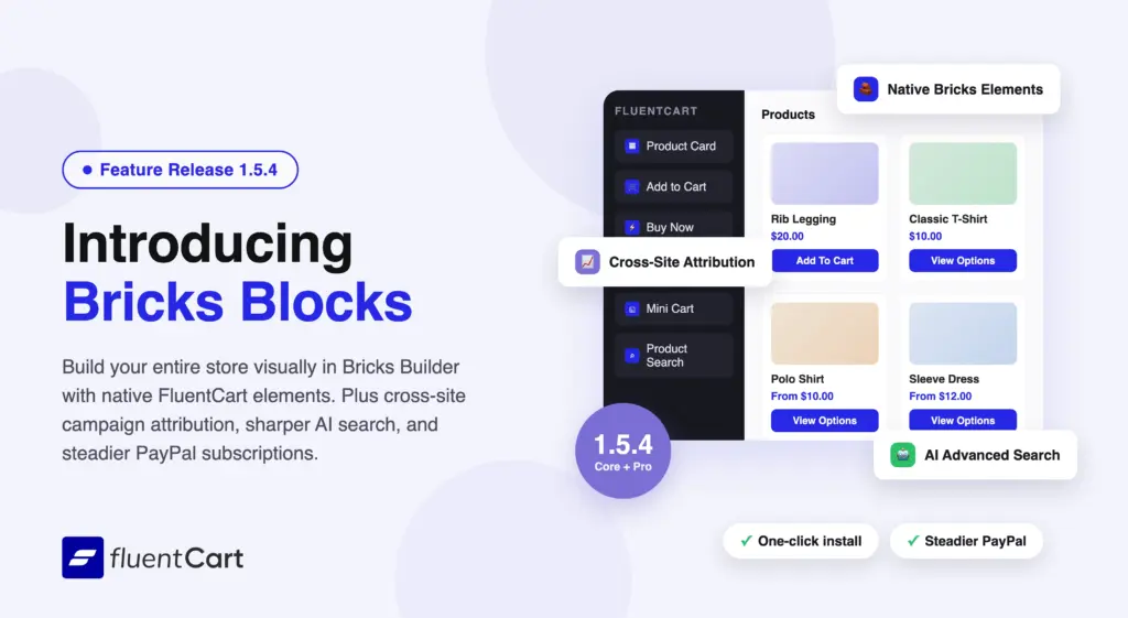 FluentCart 1.5.4 feature release banner introducing Bricks Blocks
