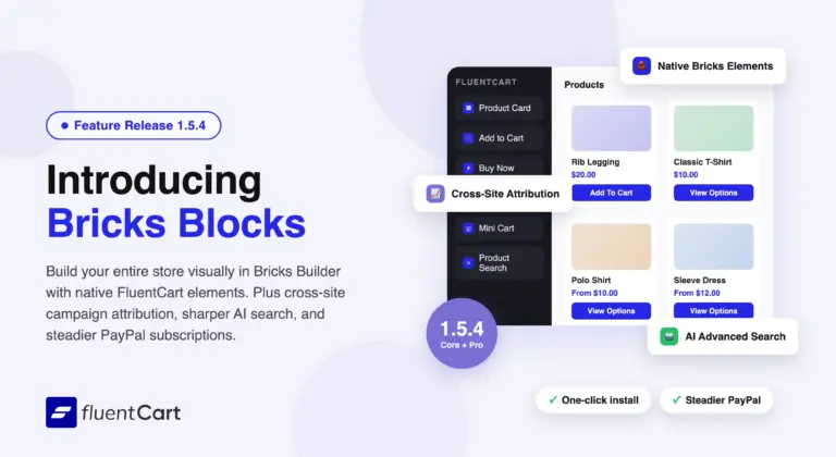 FluentCart 1.5.4 feature release banner introducing Bricks Blocks