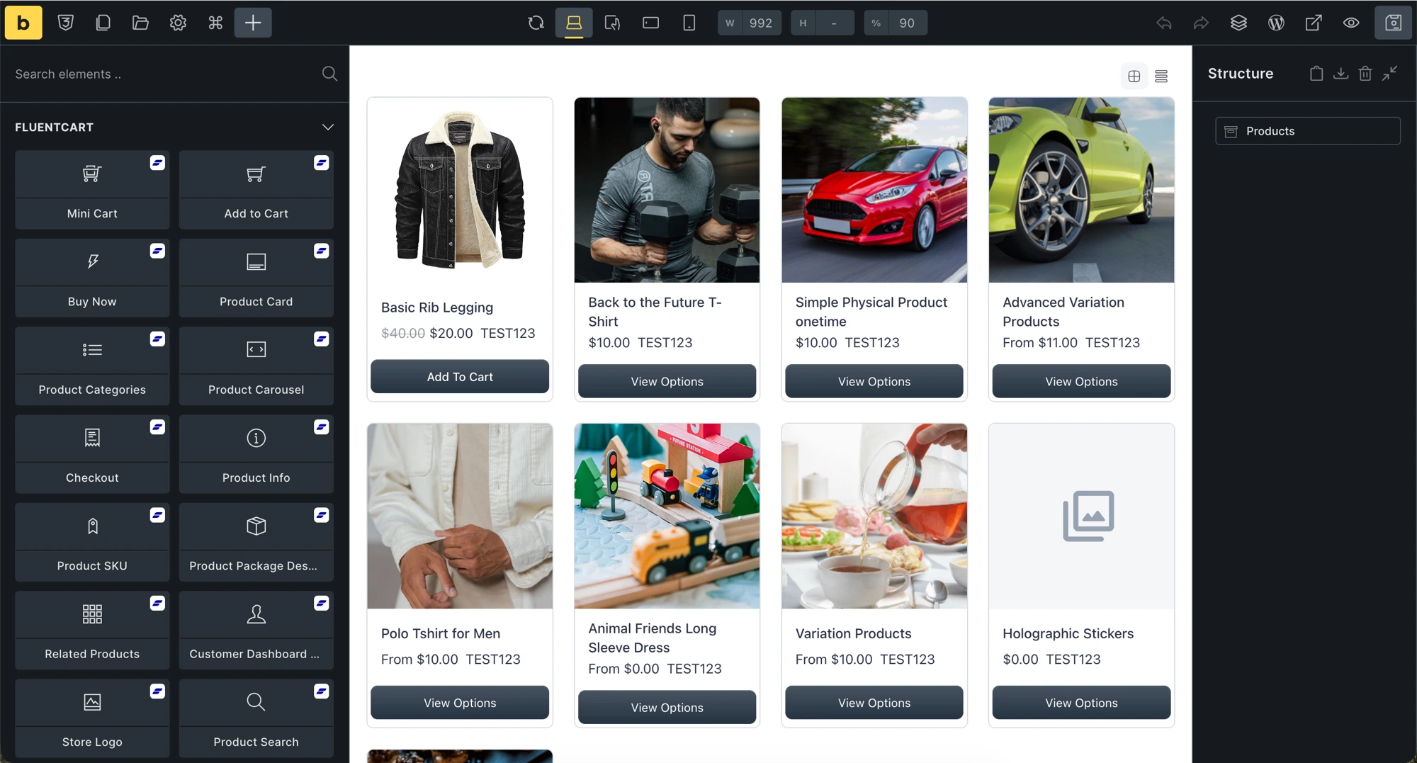 FluentCart elements inside the Bricks Builder editor with a live product grid