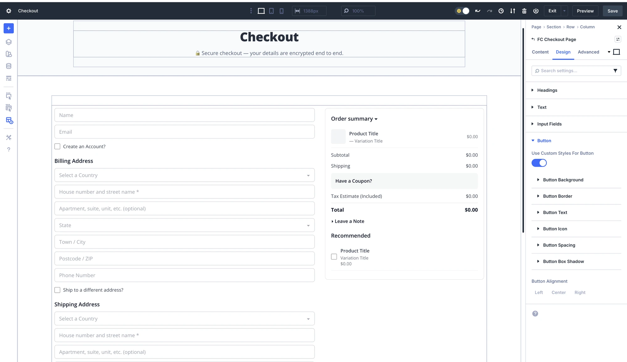 FluentCart Checkout module inside a Divi layout with headings, inputs, and buttons styled from the Design tab