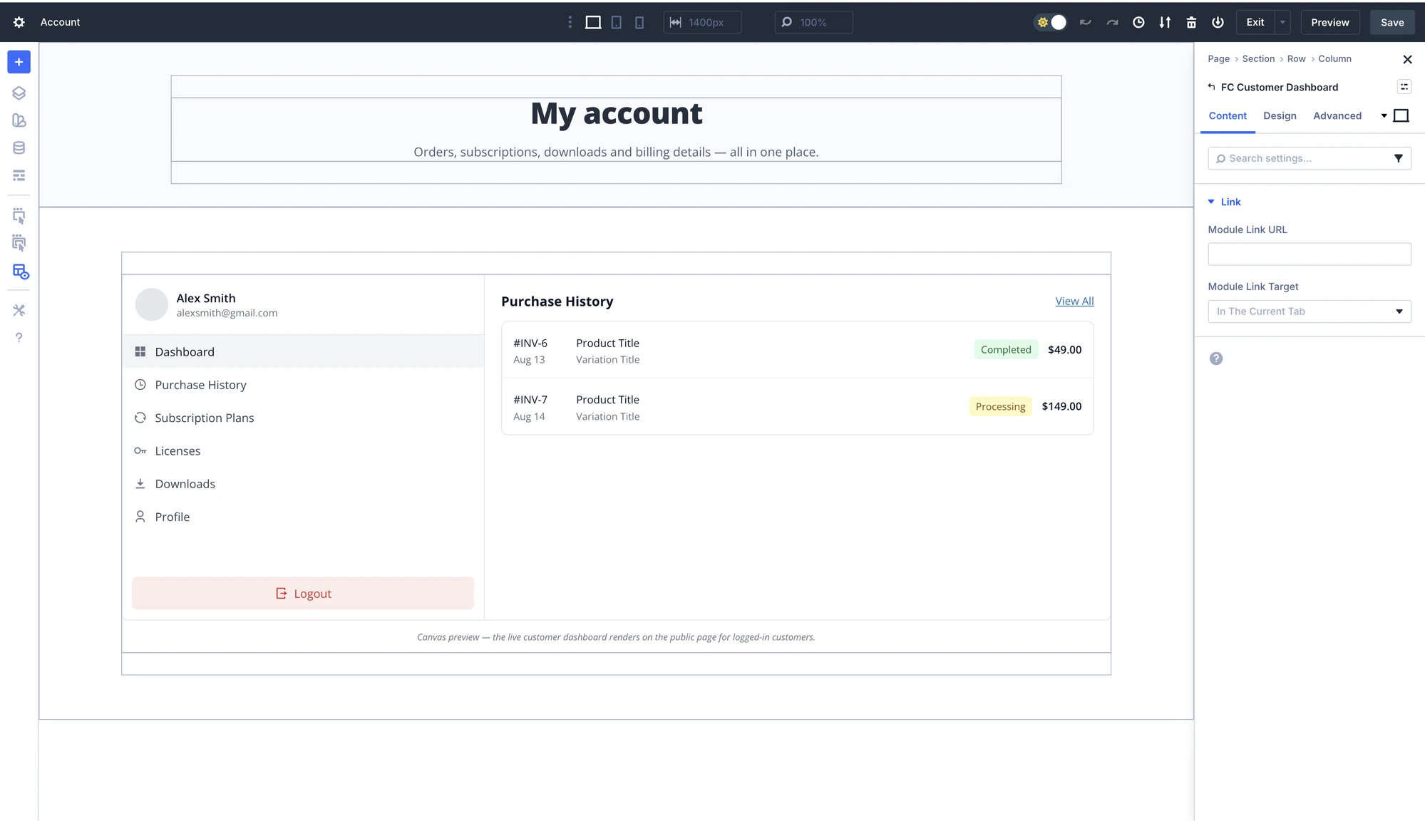 FluentCart Customer Dashboard module in the Divi builder with orders, subscriptions, and billing details