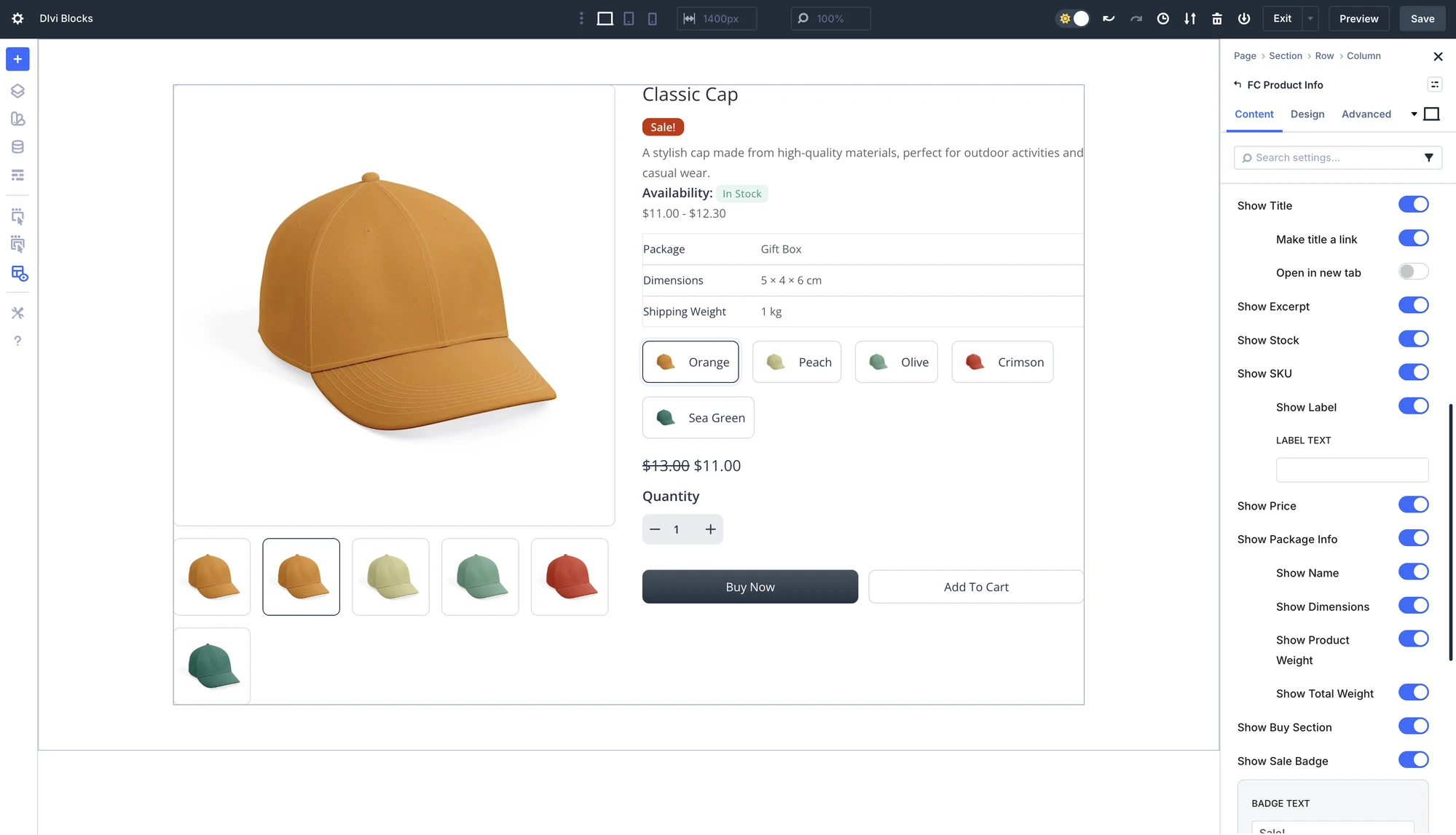 FluentCart Product Info module previewing a real product with gallery, stock, SKU, and buy section