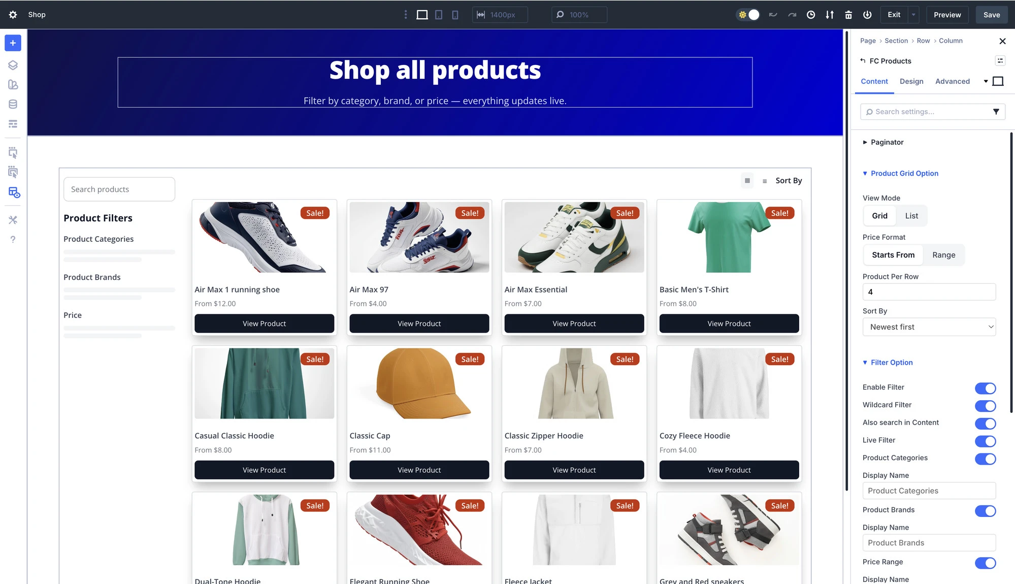 FluentCart Products module in the Divi builder with catalog grid, sorting, and filter settings