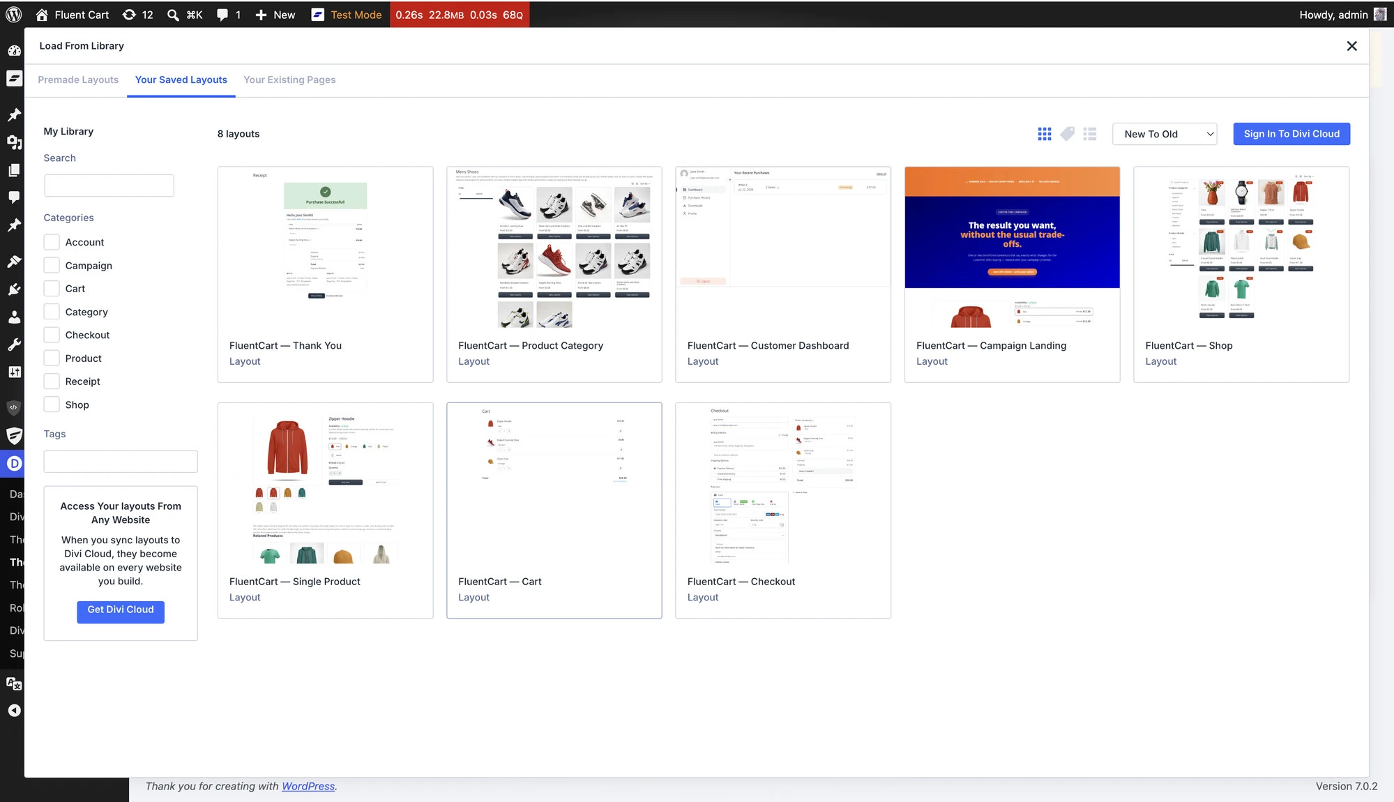 Eight ready-made FluentCart layouts seeded into the Divi Library with preview thumbnails