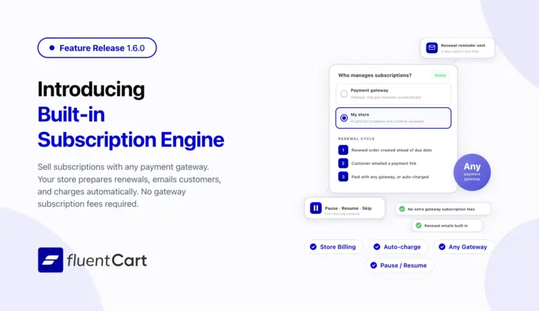 FluentCart 1.6.0 release banner showing the new built-in subscription engine settings panel with store-managed billing selected, renewal cycle steps, lifecycle controls, and support for any payment gateway.