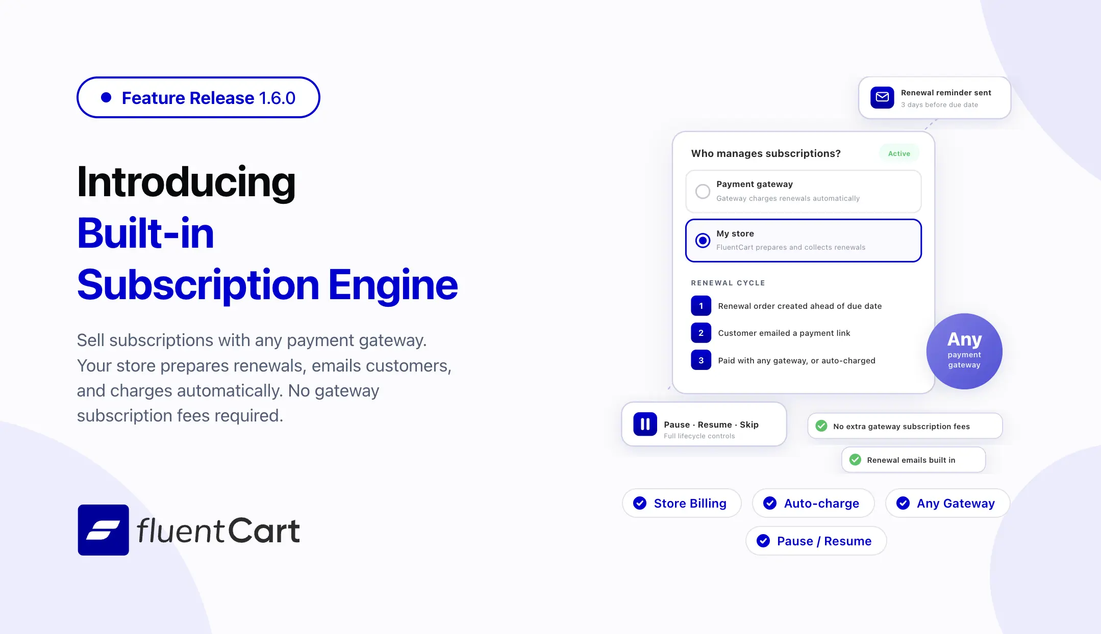 FluentCart 1.6.0 release banner showing the new built-in subscription engine settings panel with store-managed billing selected, renewal cycle steps, lifecycle controls, and support for any payment gateway.