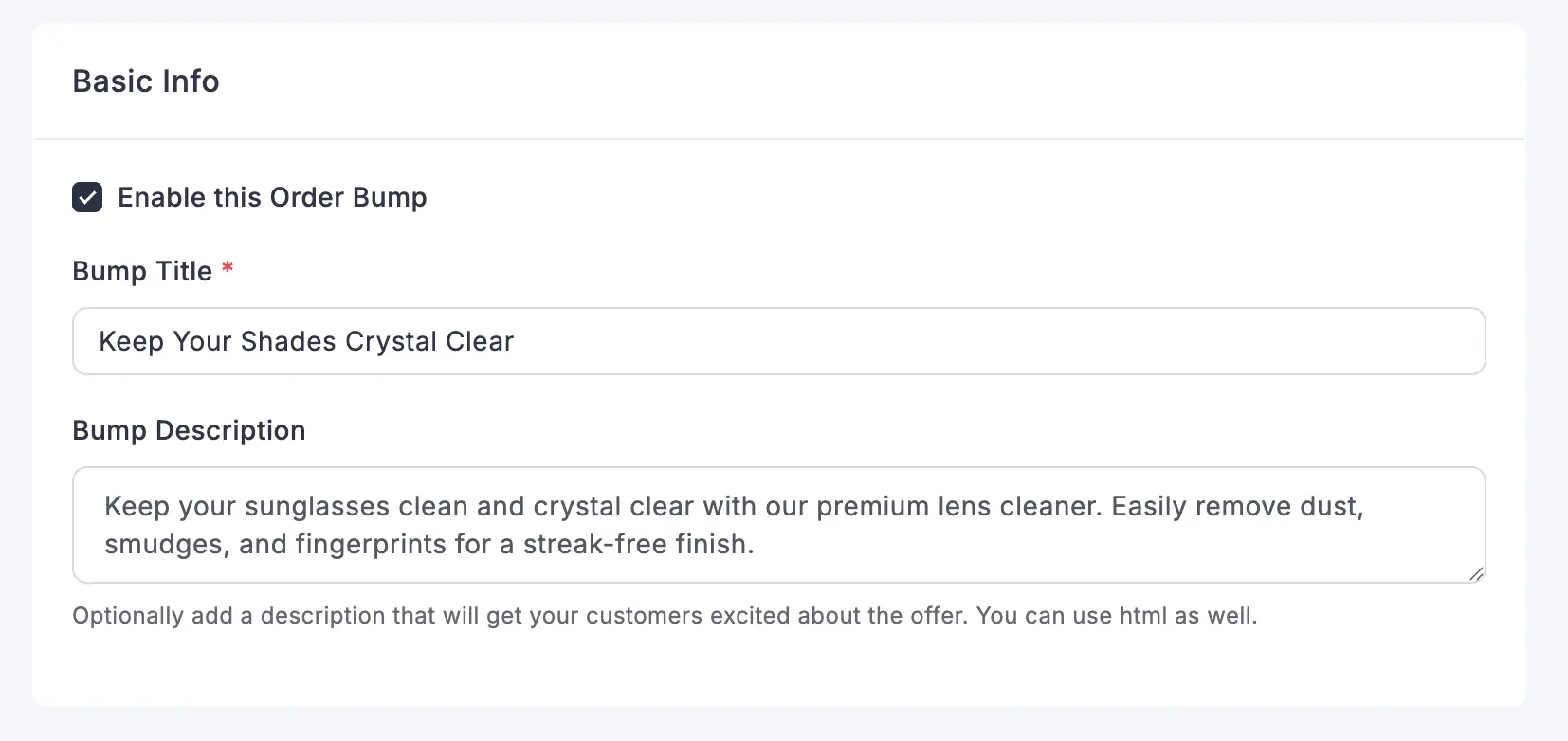 FluentCart's bump title-bump description and enable field