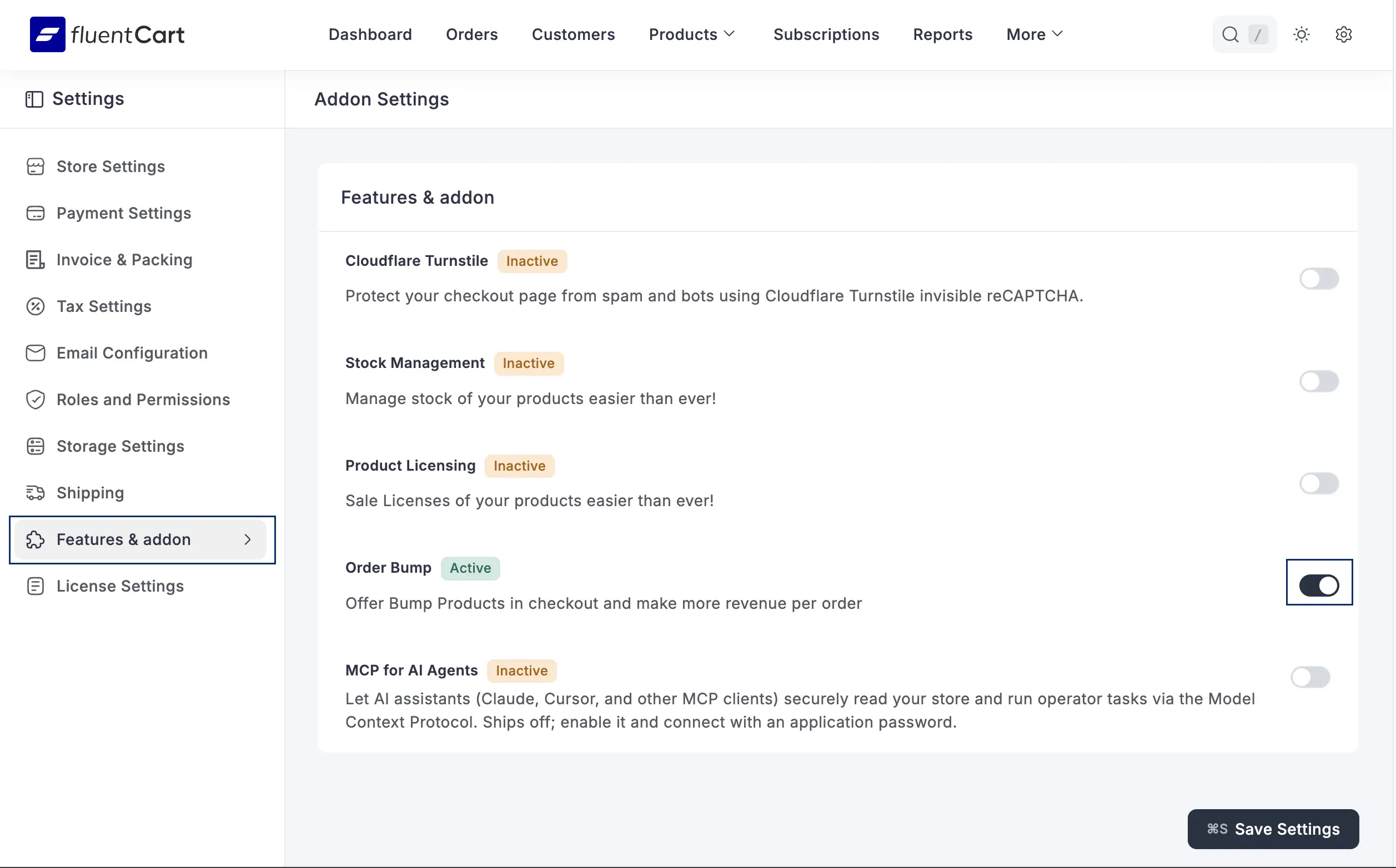 enabling the order bump option in FluentCart