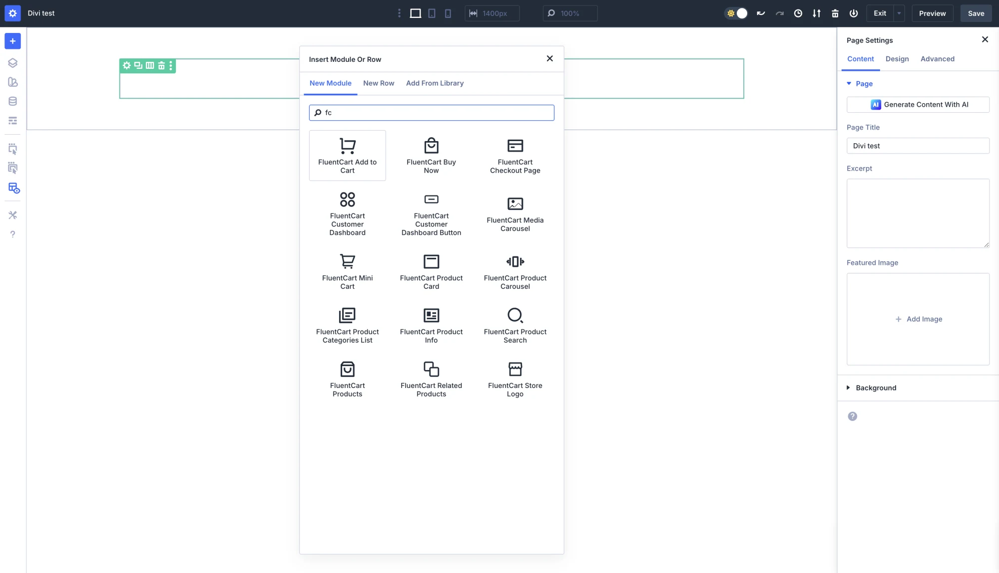 FluentCart modules in the Divi module picker