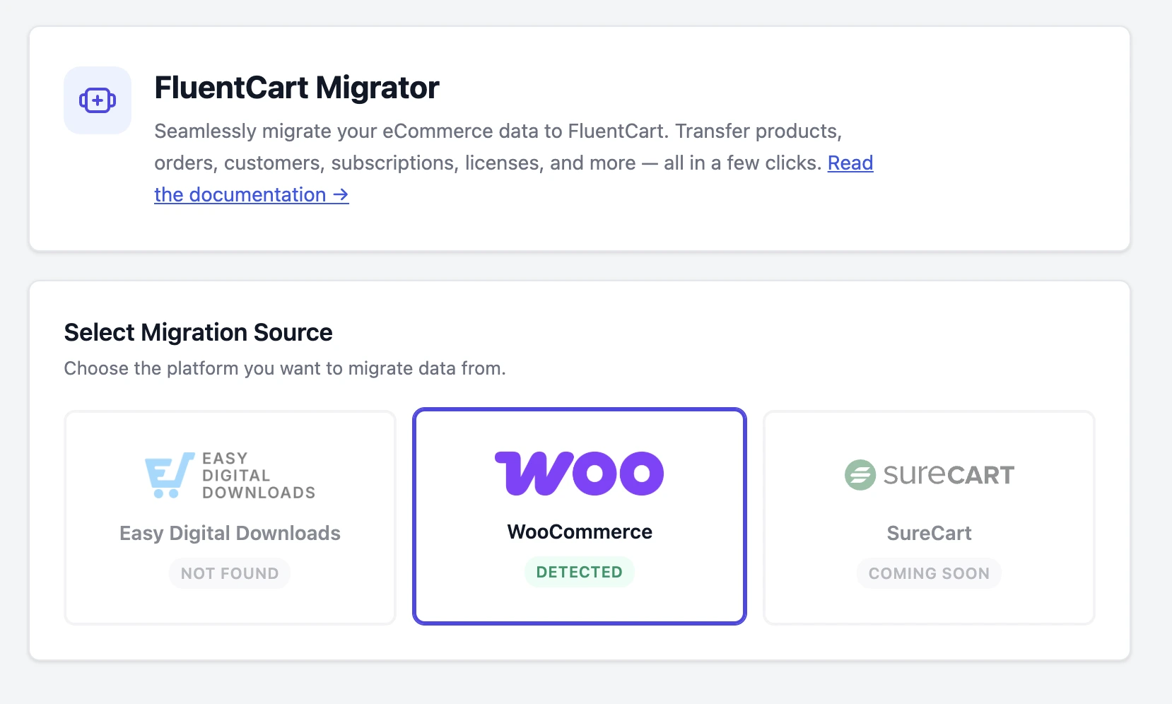 Migrator source selection showing WooCommerce detected alongside Easy Digital Downloads