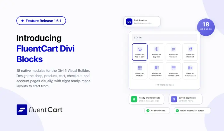FluentCart 1.6.1 release banner showing Divi 5 Visual Builder modules and Saved Payment Methods for one-click checkout