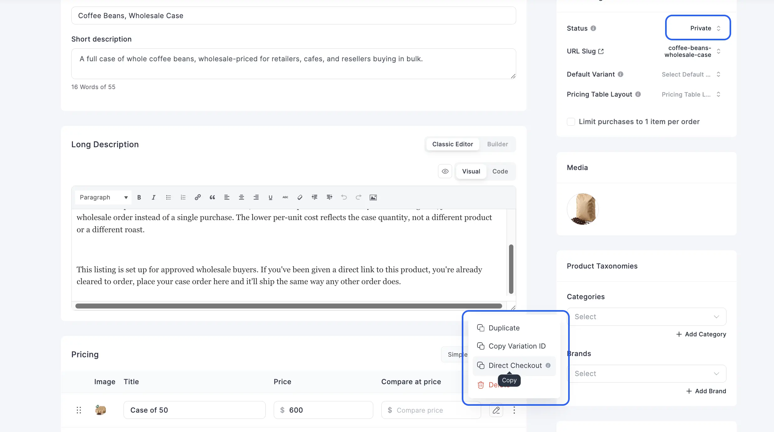 FluentCart Private product with its direct purchase link visible.