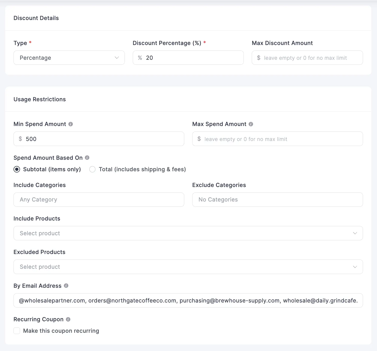 FluentCart coupon with discount and email restrictions.