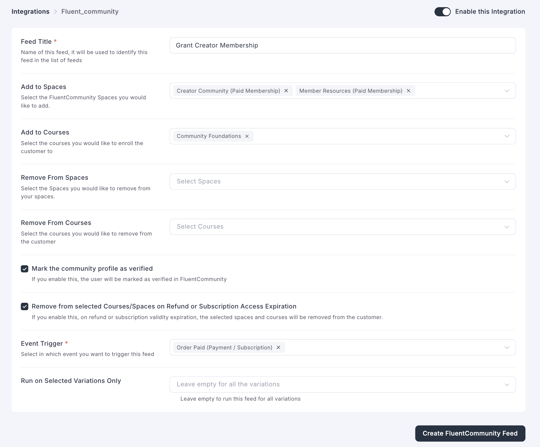 FluentCart feed matching the Creator Membership example