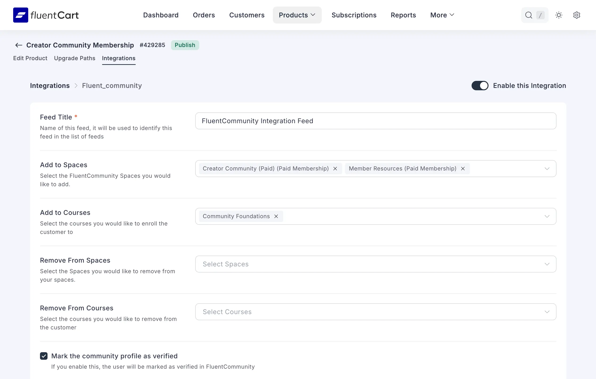 FluentCart integration feed configured