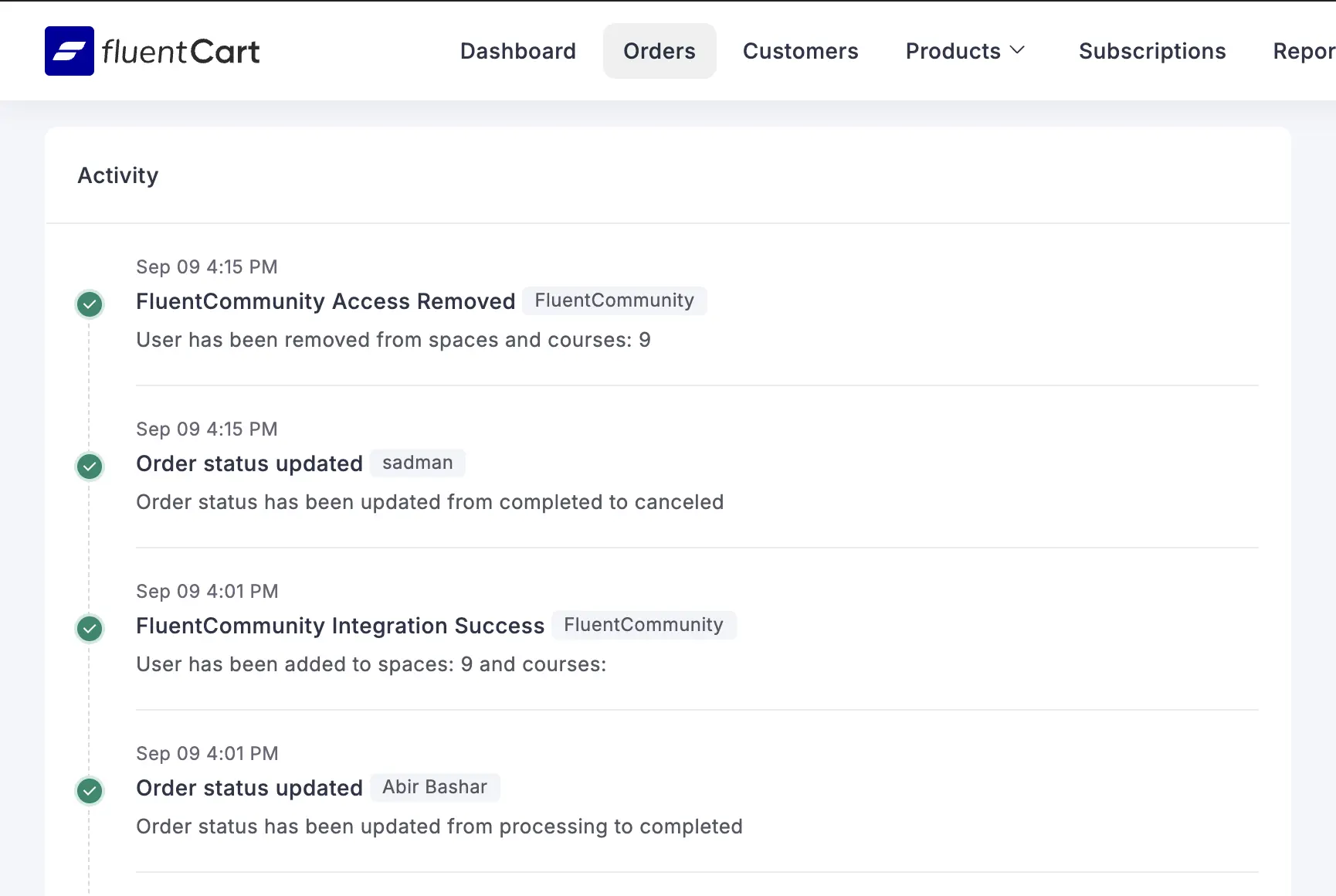 FluentCart order log showing access removed after order cancellation