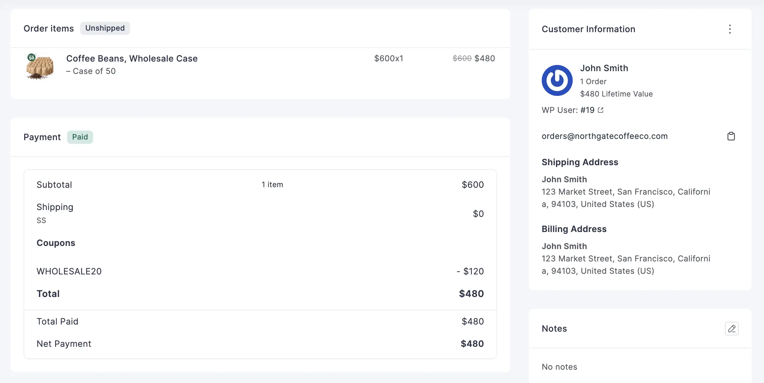 FluentCart order with wholesale coupon applied.