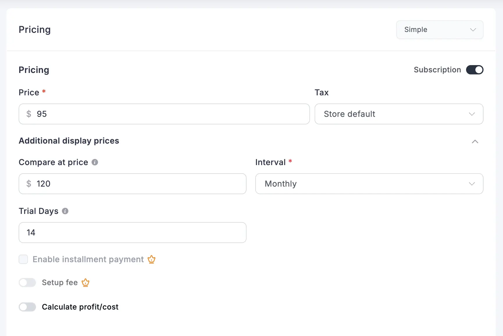 FluentCart pricing panel with Subscription enabled