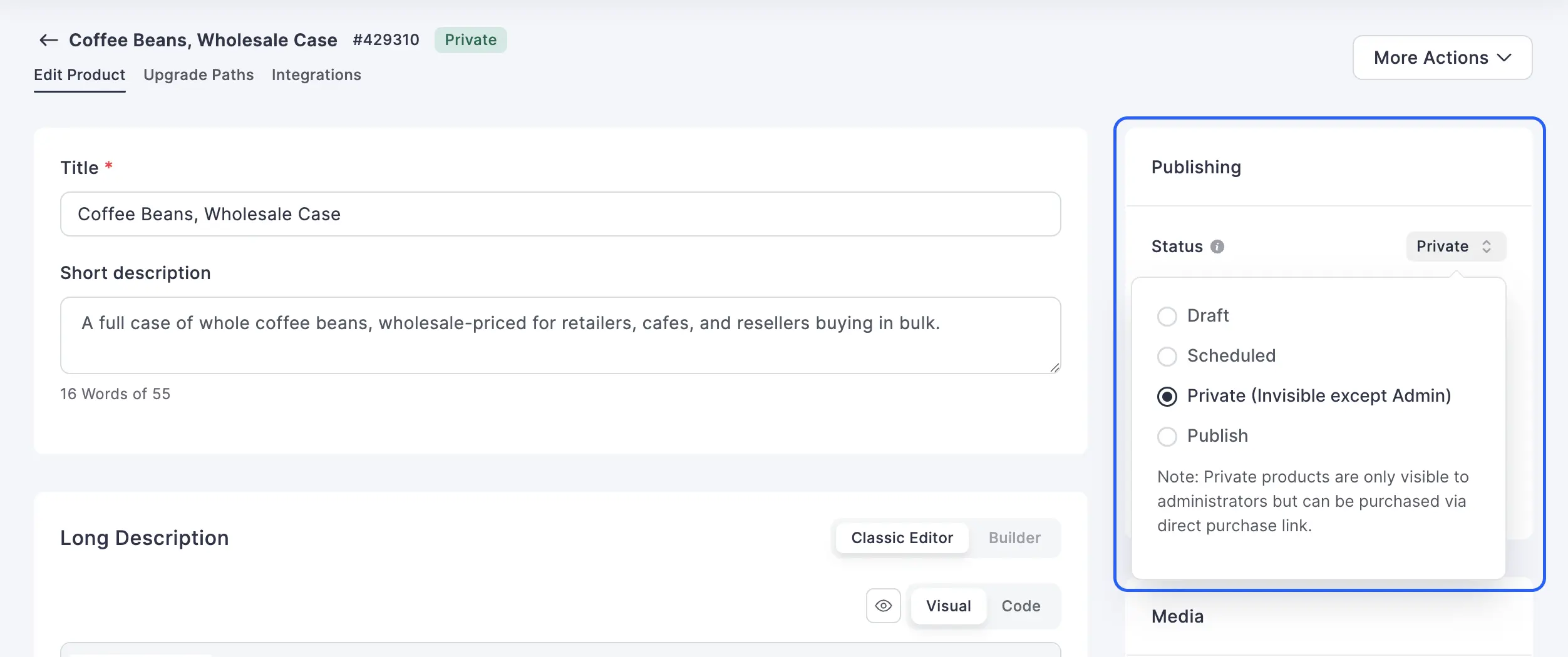 FluentCart product status set to Private.
