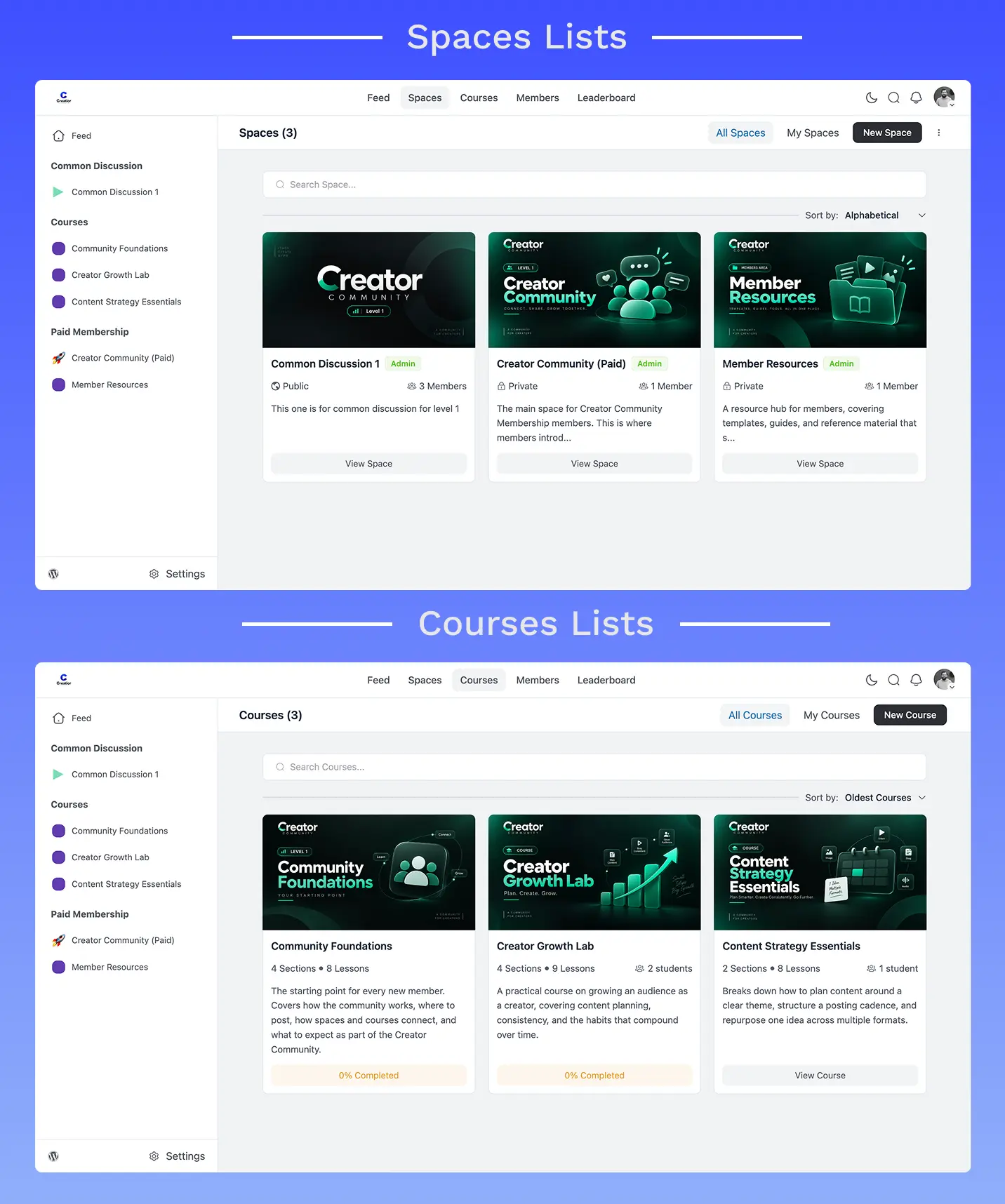 FluentCommunity Courses list and spaces list