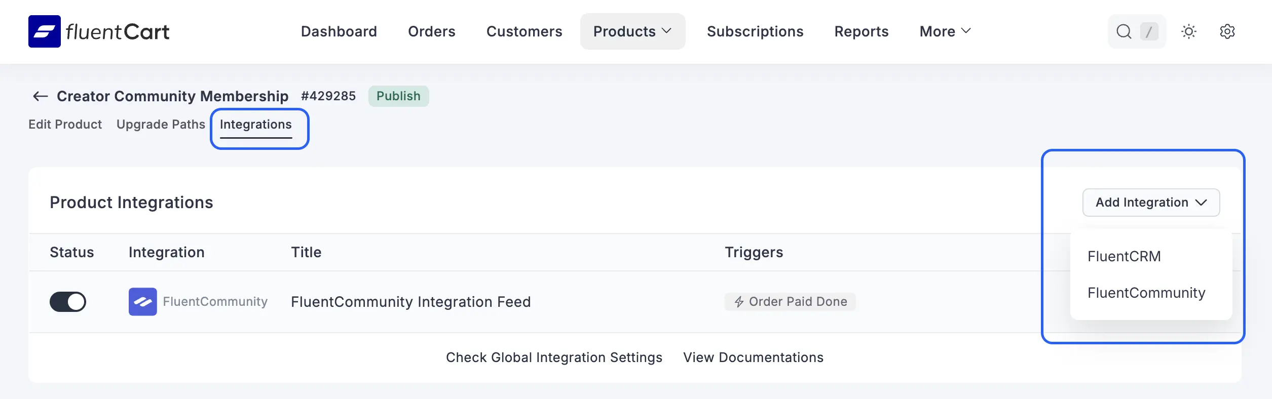 FluentCommunity feed listed under Product Integrations.