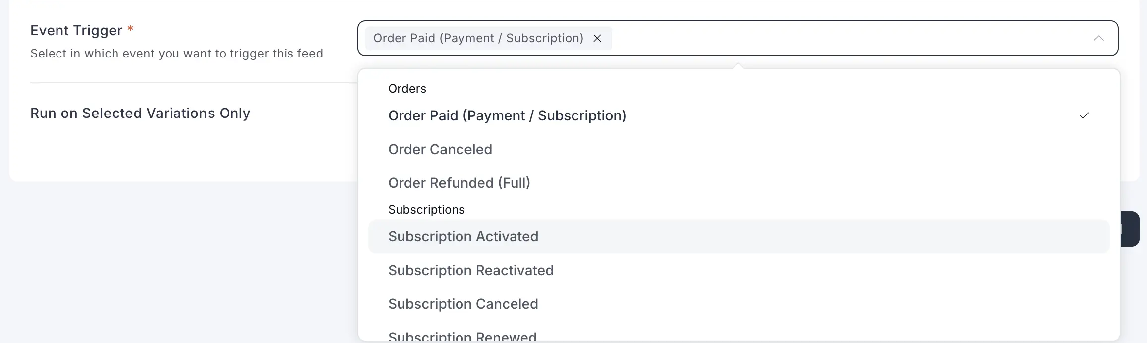 Order Paid trigger selected in FluentCart event dropdown.