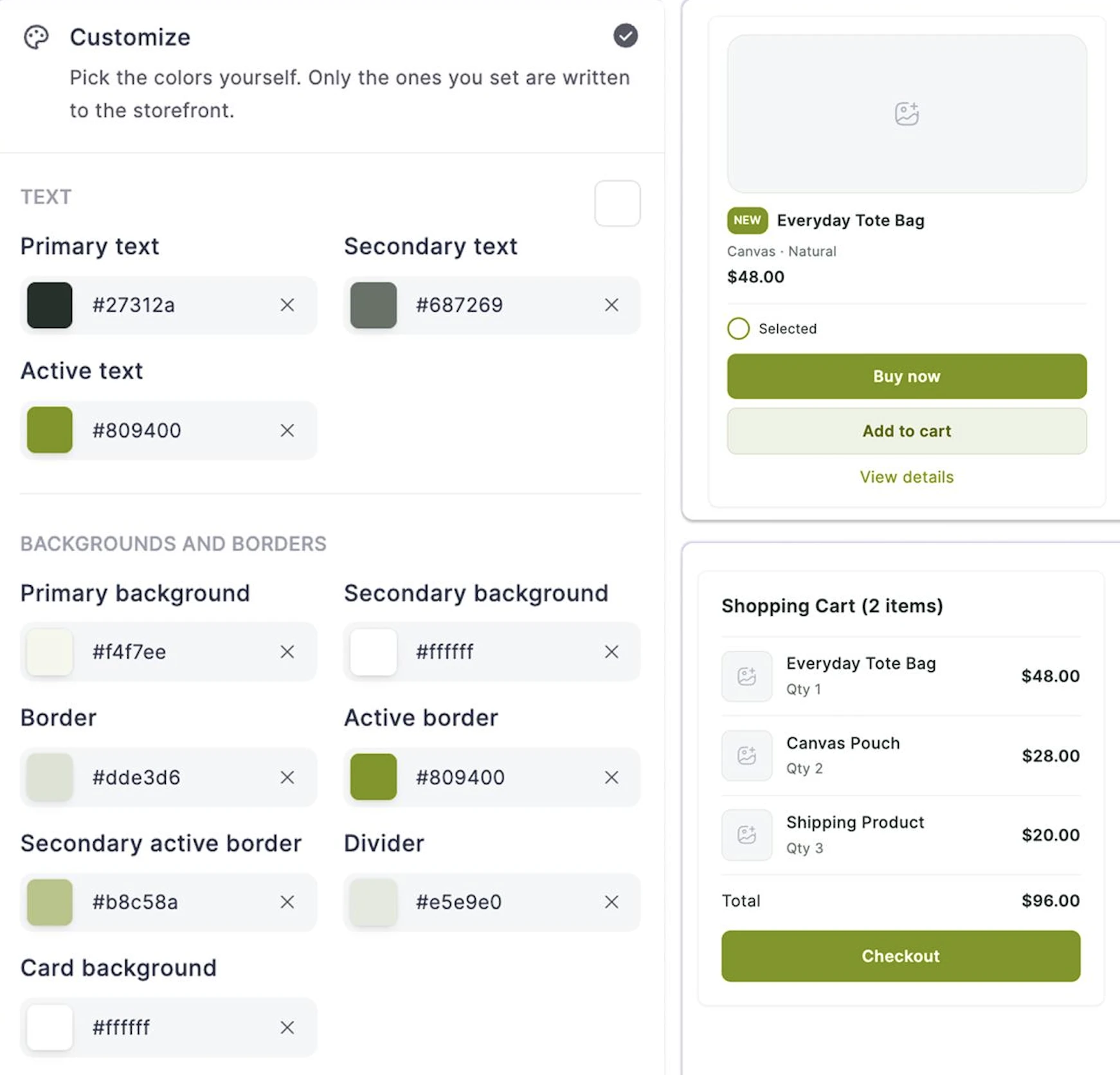 Customize colors in the Appearance tab with live preview of product card and cart