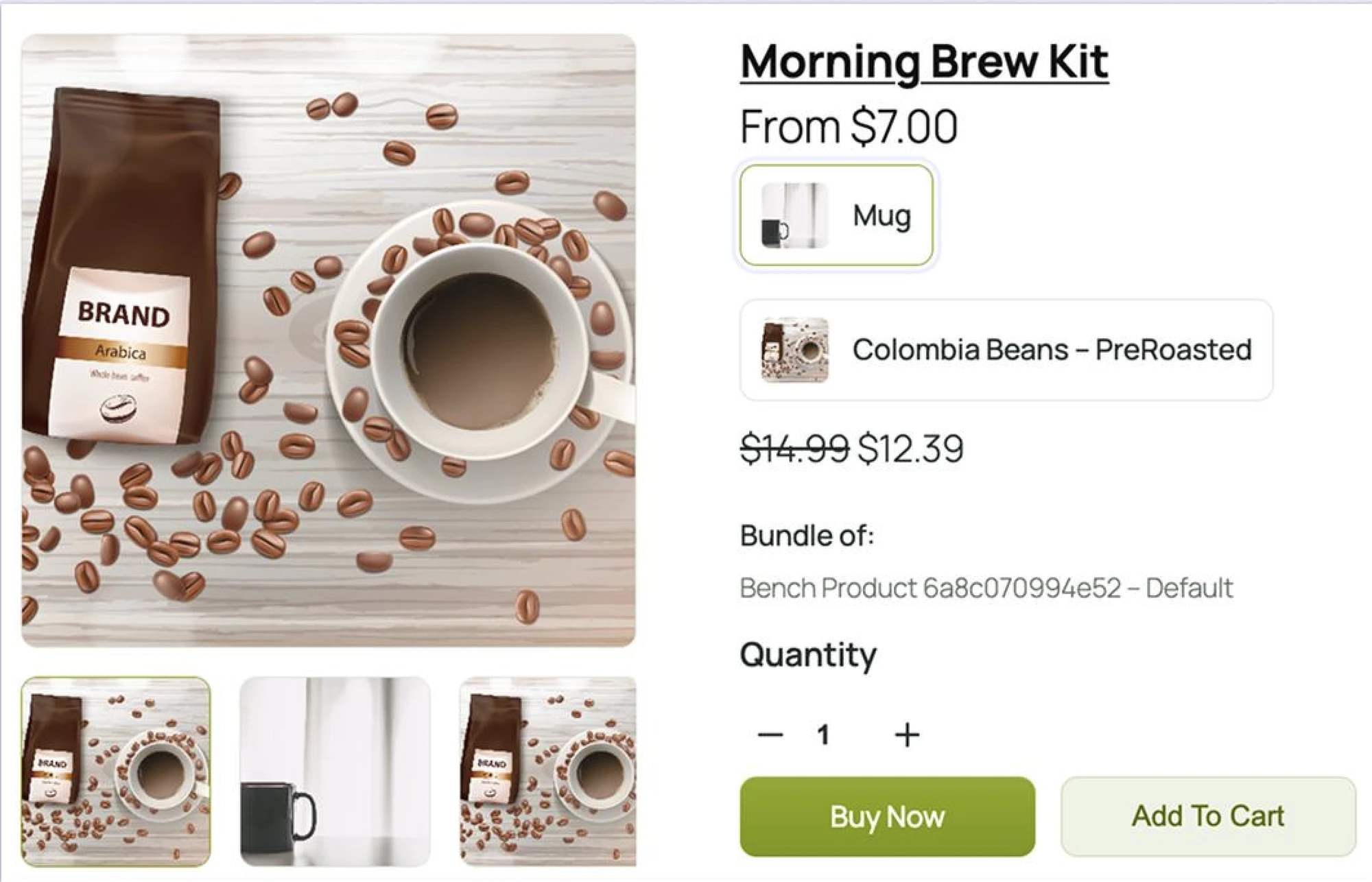 Storefront product page rendered in a custom olive palette