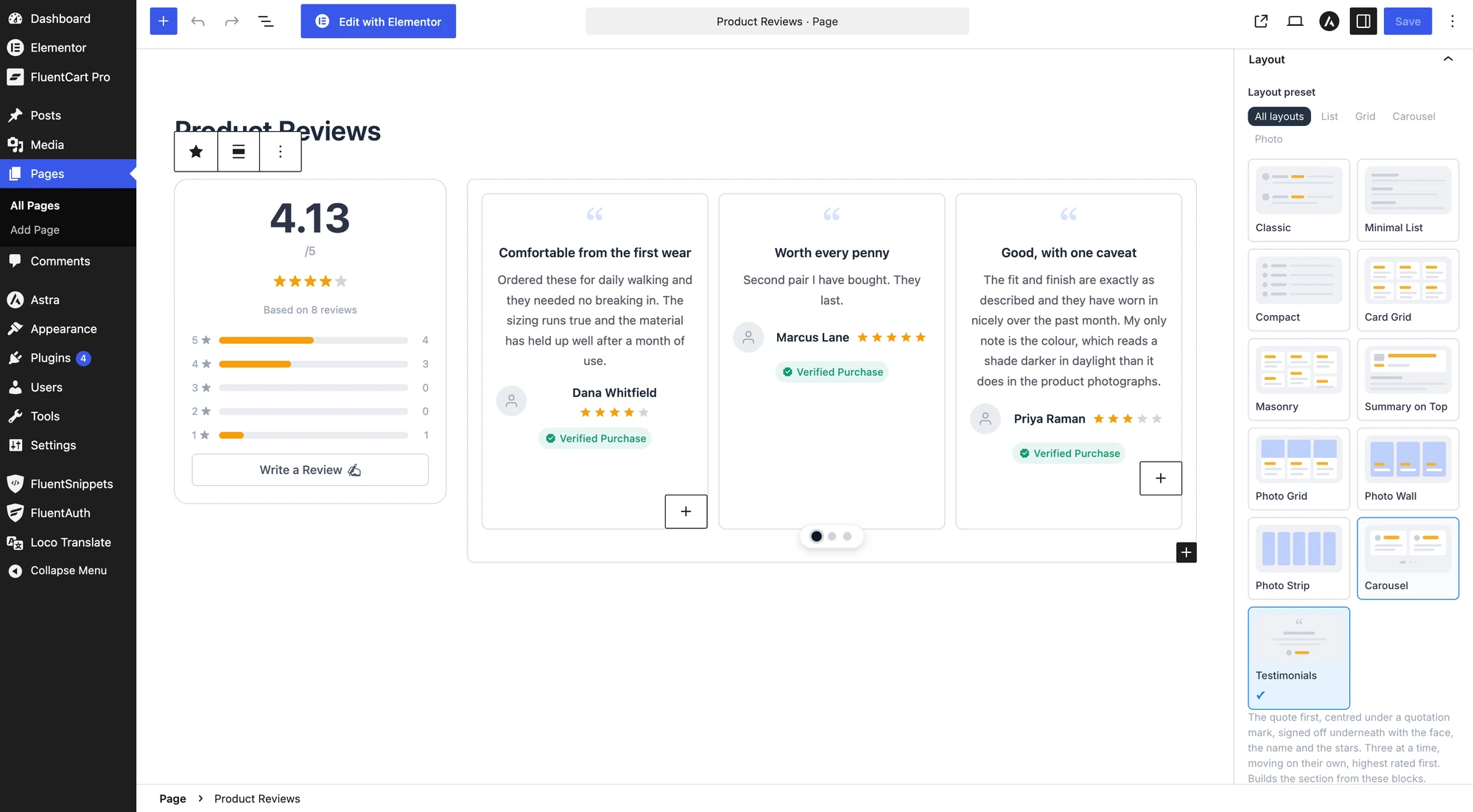 Layout presets for the Product Reviews block in the editor