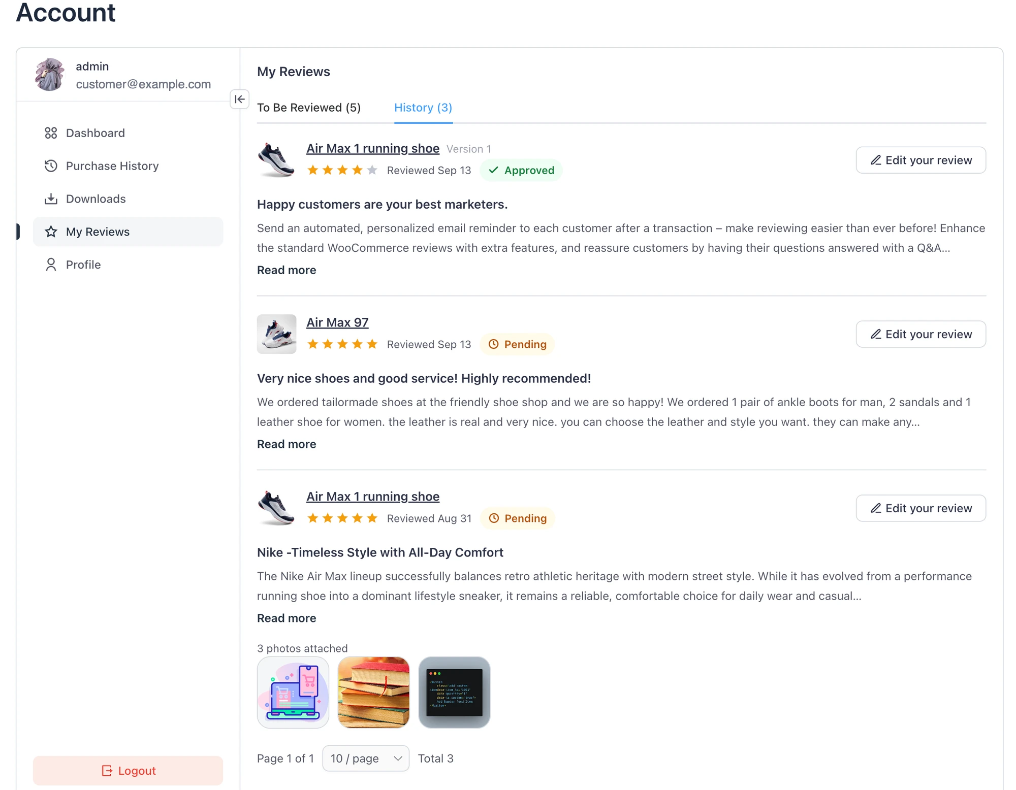 My Reviews in the customer dashboard