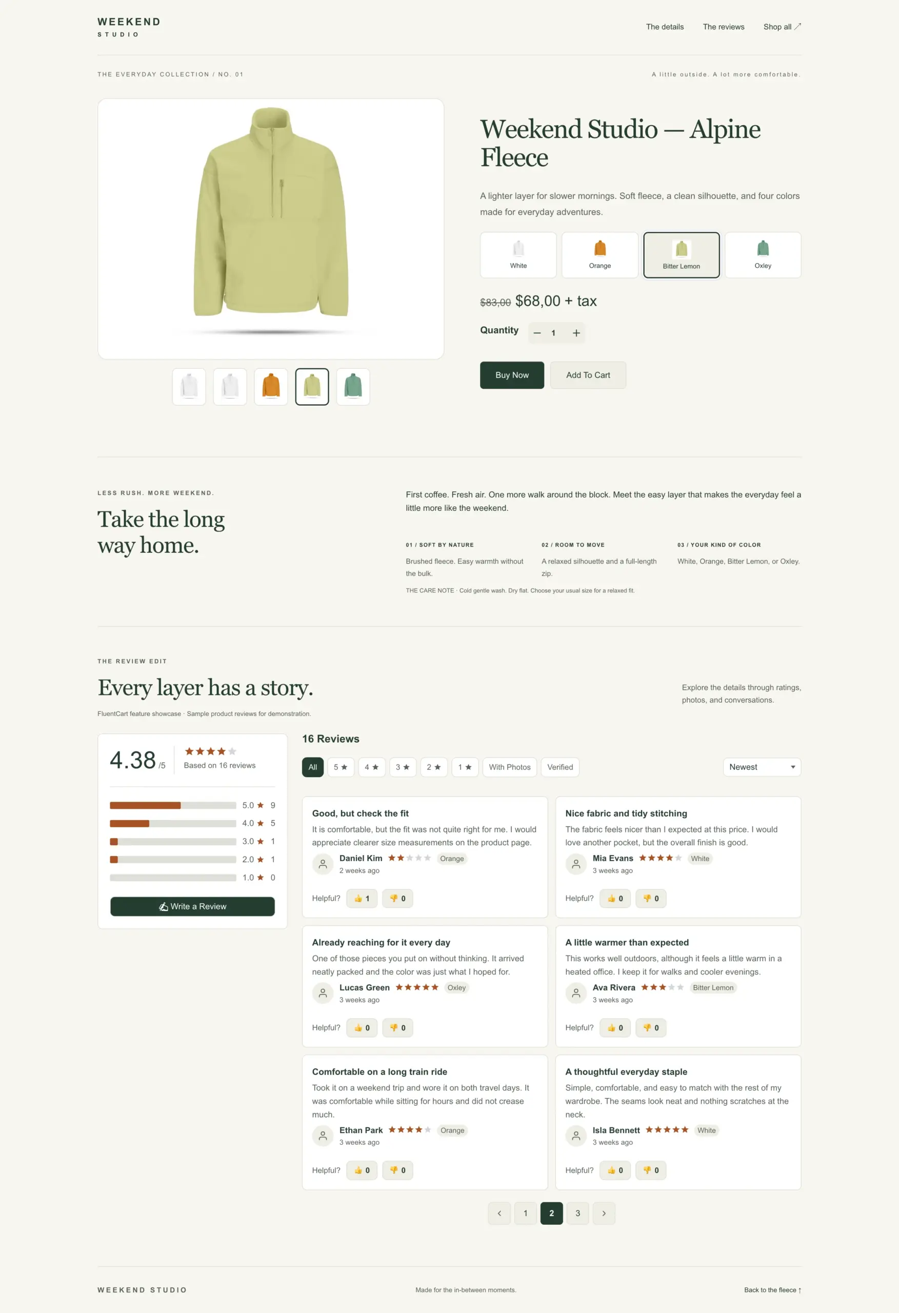 A product page with the FluentCart reviews section
