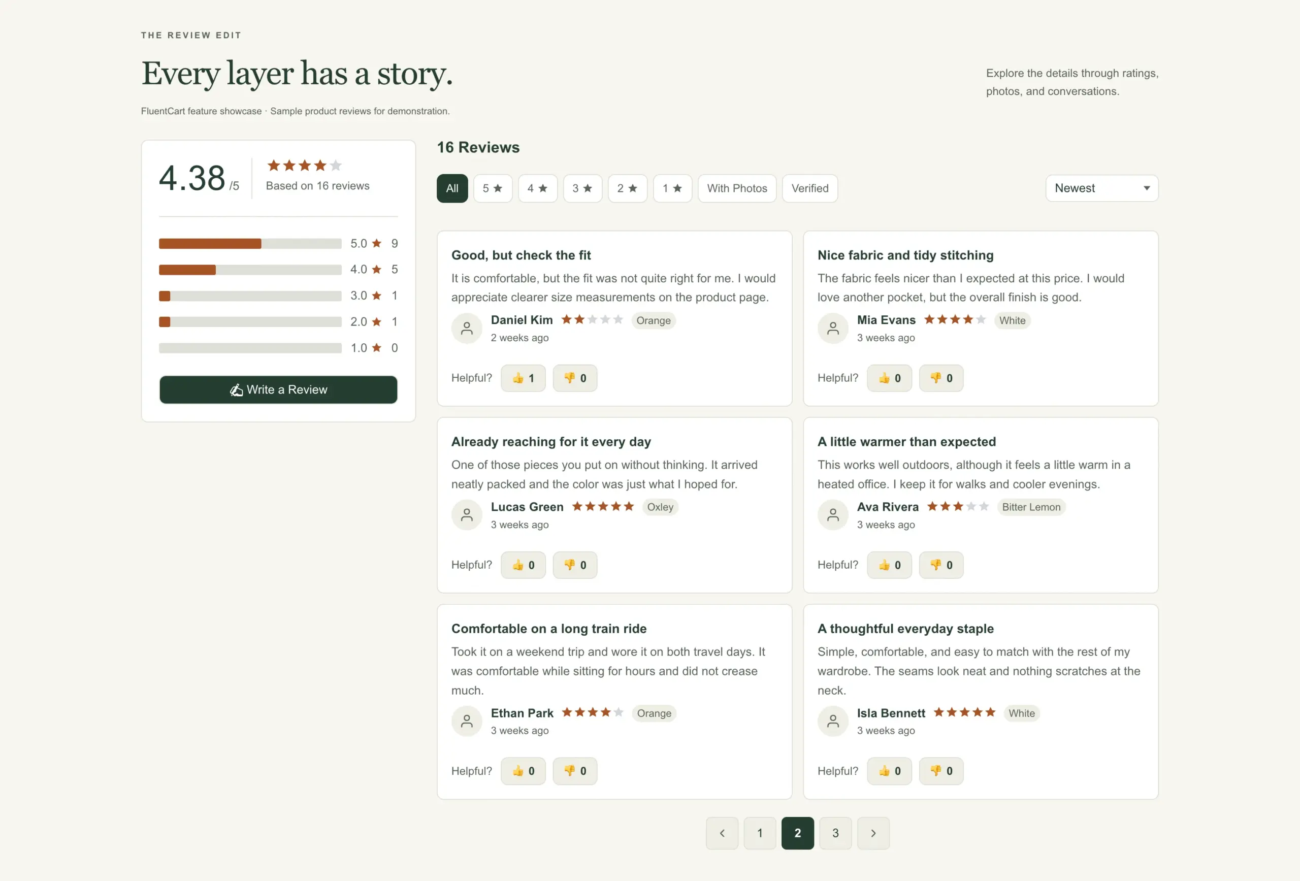 The reviews section with filters, sorting, and review cards