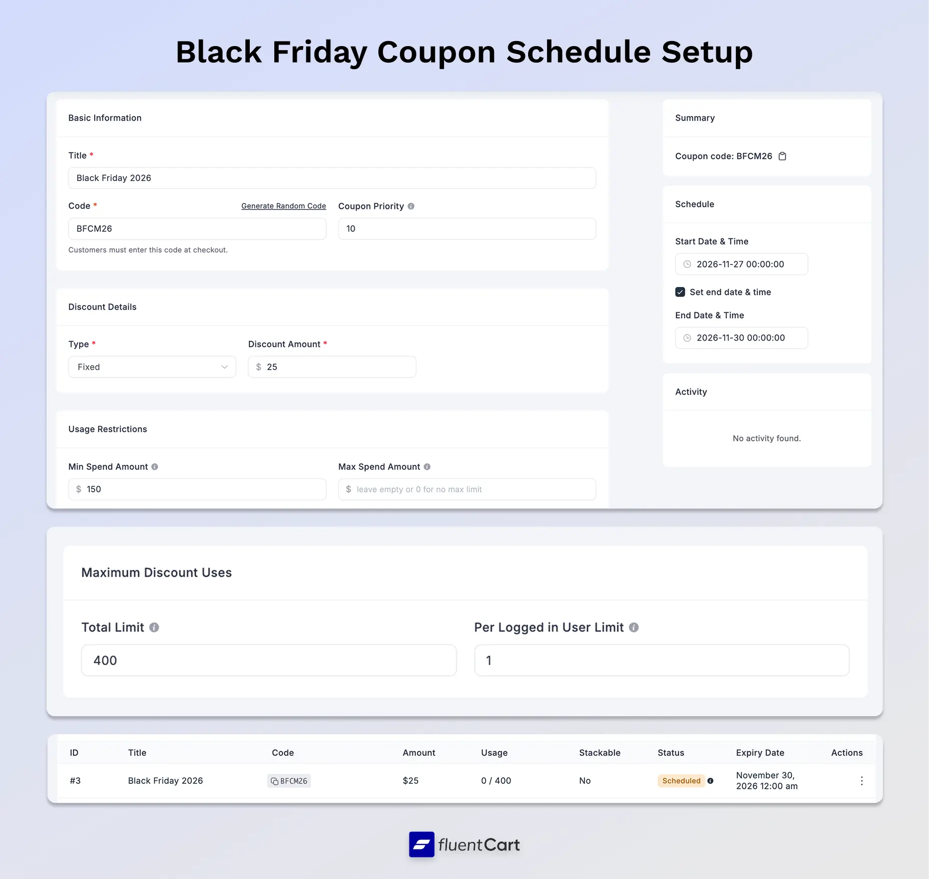 Black Friday coupon schedule in FluentCart