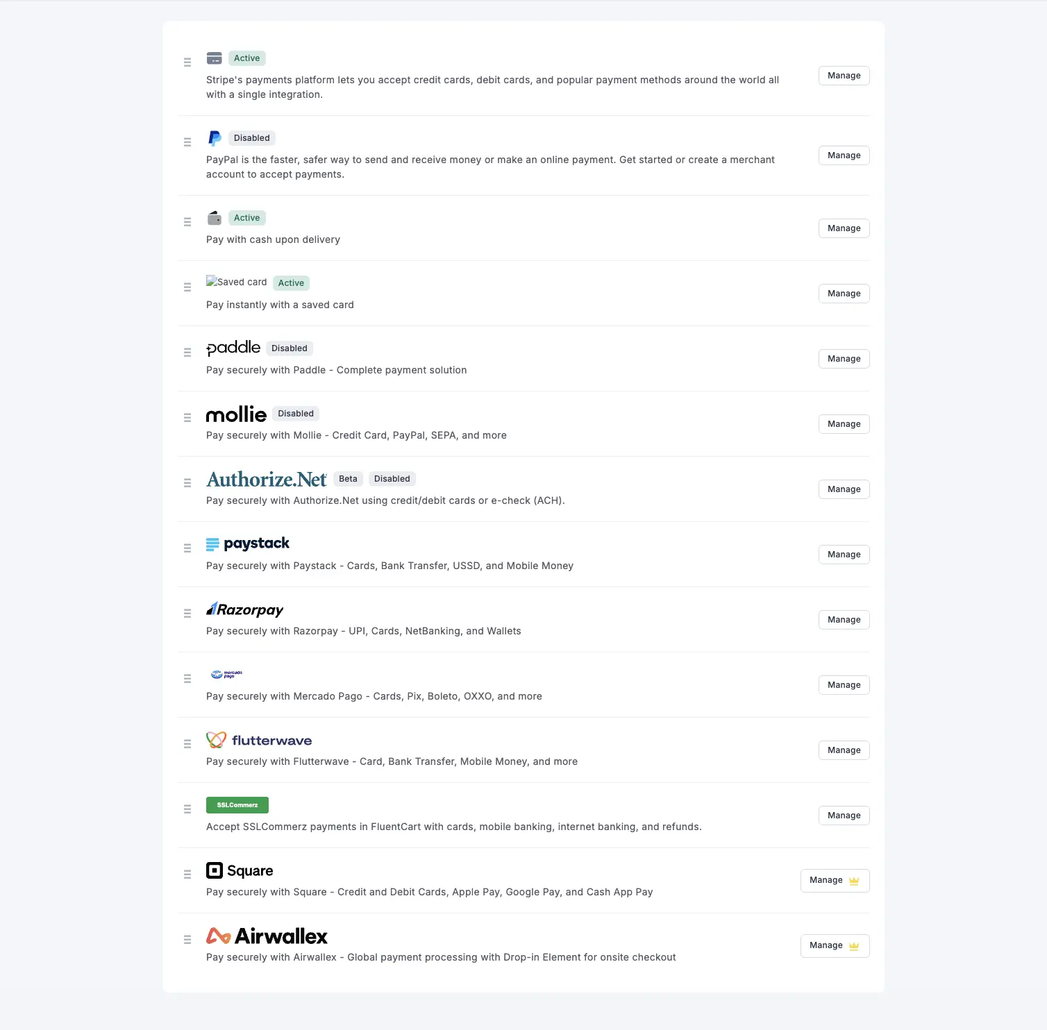 FluentCart payment gateway options
