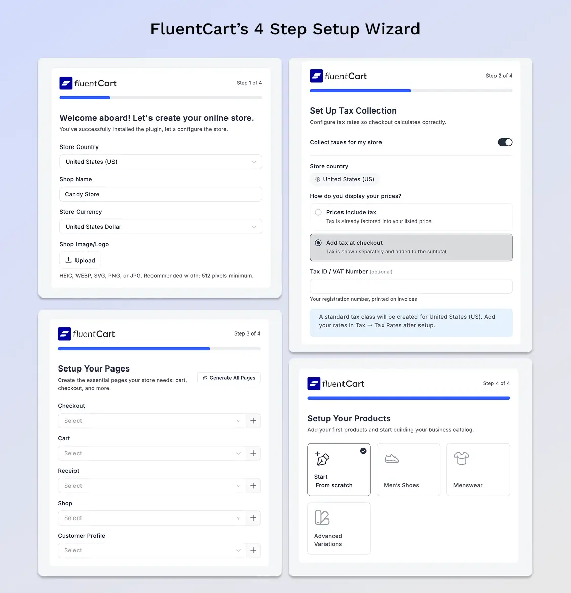 FluentCart’s 4 Step Setup Wizard