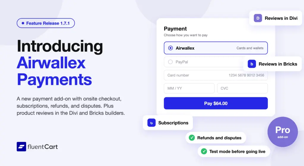 FluentCart 1.7.1 Airwallex payments and reviews in Divi and Bricks