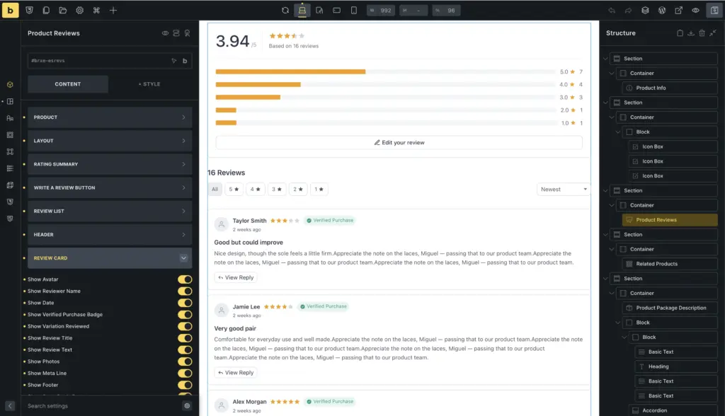 The Product Reviews element in the Classic layout in Bricks
