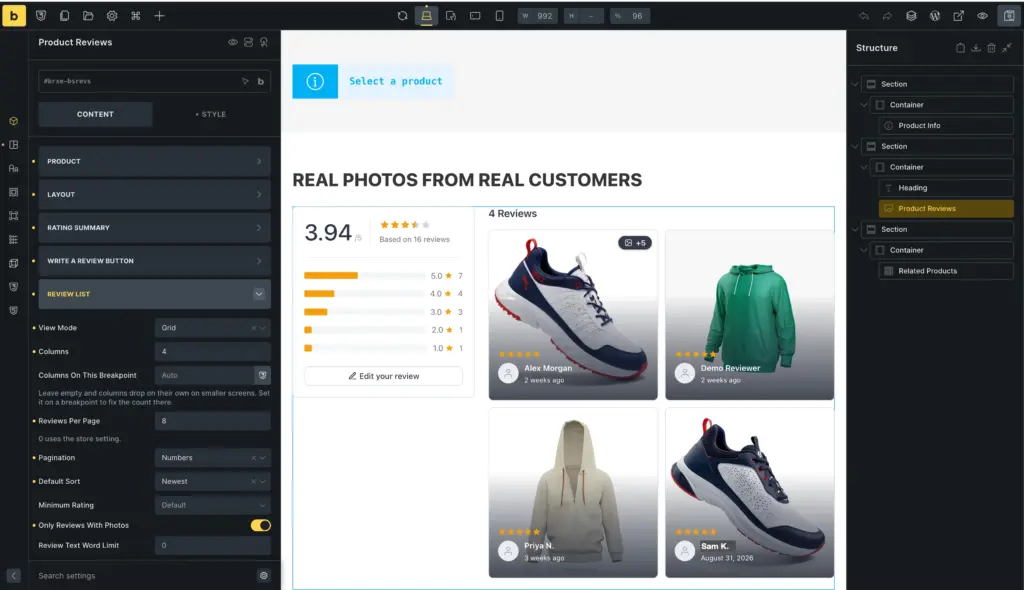 The Product Reviews element in Grid view in Bricks