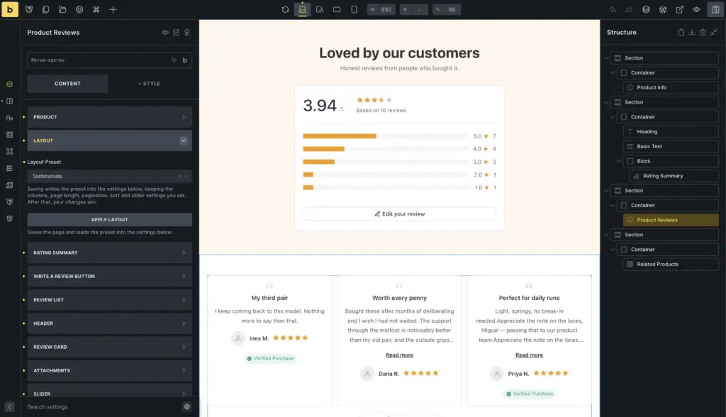 The Testimonials layout preset in Bricks
