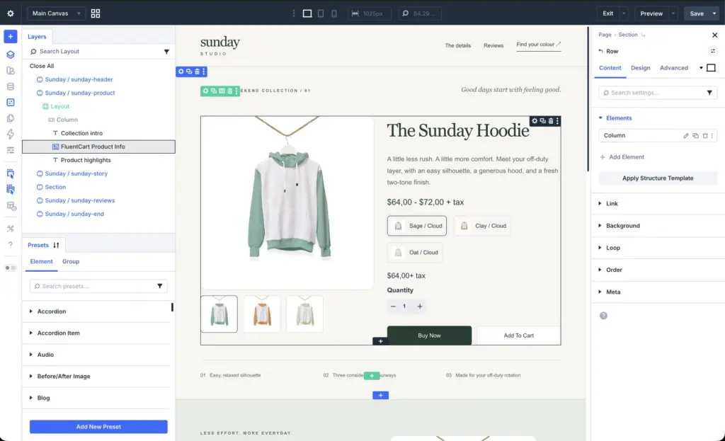 A FluentCart product page in the Divi Visual Builder